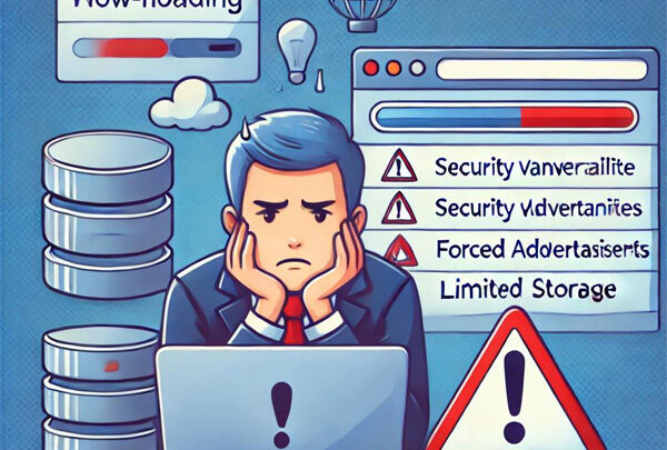 An illustration depicting the disadvantages of free web hosting. It features a slow-loading website, a frustrated user, warning signs for security risks, forced ads, and limited storage.