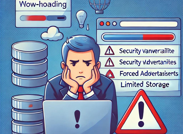 An illustration depicting the disadvantages of free web hosting. It features a slow-loading website, a frustrated user, warning signs for security risks, forced ads, and limited storage.