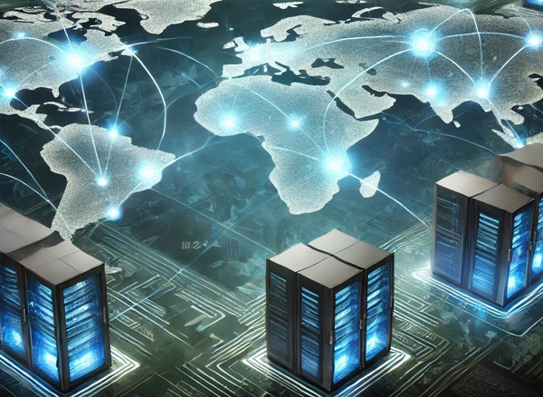 A futuristic representation of global data centers with worldwide connectivity.