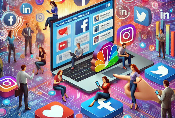 A vibrant and engaging digital illustration representing social media marketing, featuring icons of popular platforms like Facebook, Instagram, and Twitter, along with analytics and engagement elements.