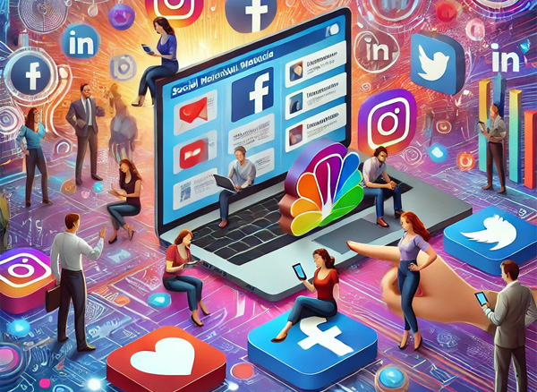 A vibrant and engaging digital illustration representing social media marketing, featuring icons of popular platforms like Facebook, Instagram, and Twitter, along with analytics and engagement elements.